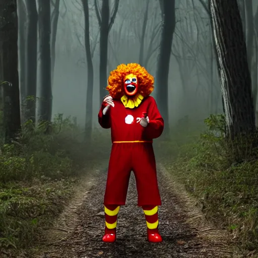 Prompt: ronald mcdonald as a dark scary horror creature with teeth in the woods with only one flashlight