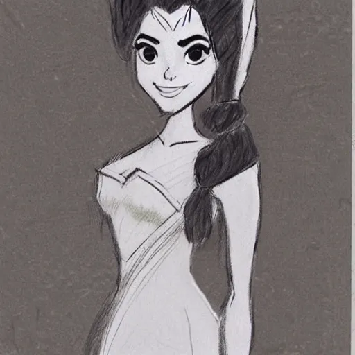 Image similar to milt kahl sketch of victoria justice with done up hair, tendrils covering face and ponytail as princess padme from star wars episode 3