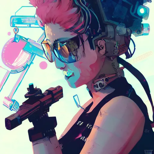 Image similar to close up, a grungy cyberpunk anime, very cute, pose pointing a bow and shouting by super ss, cyberpunk fashion, curly pink hair, night sky by wlop, james jean, victo ngai, highly detailed