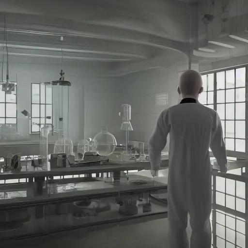 Image similar to muted colors, enlightenment era, 3 d octane render, unreal engine, realistic, and young scientist! standing in his laboratory observing a huge complex experiment!!, detailed, volumetric lighting