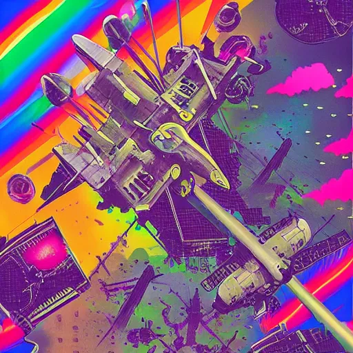 Prompt: “ battle of normandy in the style of lisa frank, historical photograph, aerial photo, wide angle, realistic, cyberpunk ”