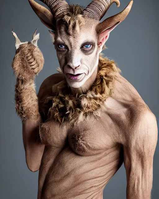 Prompt: actor Doug Jones in Elaborate Pan Satyr Goat Man Makeup and prosthetics designed by Rick Baker, Hyperreal, Head Shots Photographed in the Style of Annie Leibovitz, Studio Lighting