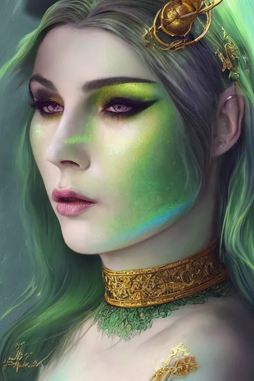 Image similar to a seductive beautiful witch from belarus, with a perfect face!!! shiny green iridescent makeup on skin, bust portrait, gold jewelry, dnd, face, fantasy, intricate, elegant, highly detailed, digital painting, artstation, concept art, smooth, sharp focus, illustration, art by artgerm and greg rutkowski and alphonse mucha