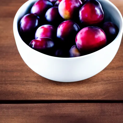 Image similar to photo of a thick porcelain bowl filled with a few moist freshly picked plums on a wooden table. volumetric lighting. 4 k. small scale. realistic. top down.