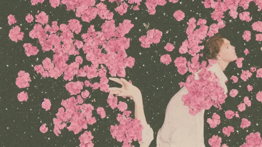 Image similar to a vintage photograph of a female astronaut standing on a bed of black and pink flowers, photorealistic, + muted colors