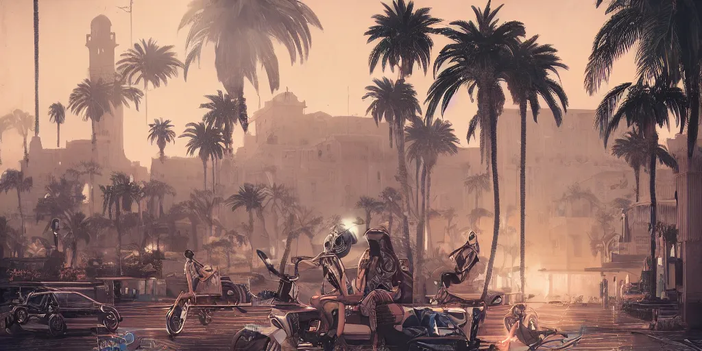 Image similar to Cyberpunky Marrakech, palm tree, Flying vehicles ,Moroccan mosque ,WLOP, James Jean, tom bagshaw, rococo, neon lights ,trending on artstation, fantasy, intricate, elegant, highly detailed, digital painting, concept art, smooth, illustration, cinematic lighting, hyper realism, octane render, 8k, hyper detailed.