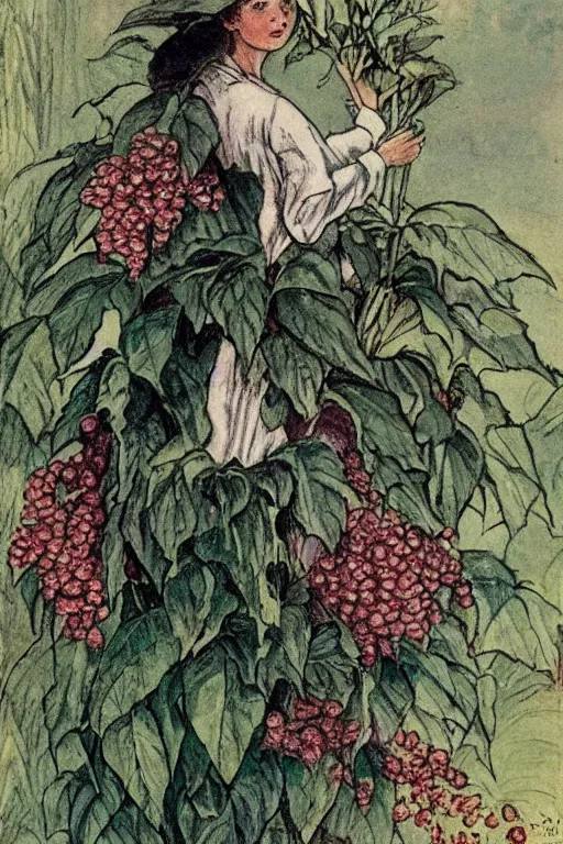 Prompt: fairy posing with castor bean plant by Cicely Mary Barker