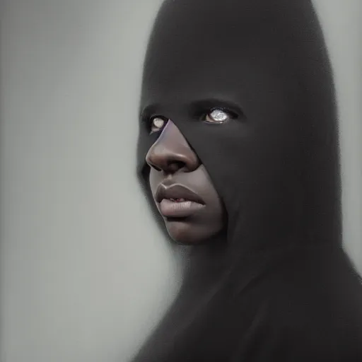 Image similar to a portrait of a young black woman wearing a long dark cloak, hood and shadows covering face, anatomically correct, beautiful perfect face, enigmatic, oil painting, matte painting, black background, Volumetric dynamic lighting, Highly Detailed, Cinematic Lighting, Unreal Engine, 8k, HD, by Beksinski