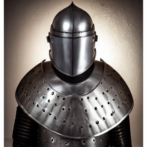 Image similar to portrait of a knight in armor, studio lighting, dark background, open helmet with face visible, photorealistic style