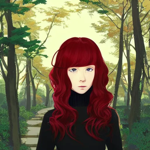 Prompt: Character portrait of a young beautiful woman with long flowing red hair in a lush park, beautiful face, long dark hair with bangs, wearing a black turtleneck sweater, highly detailed, cel shading, Studio Ghibli still, by Ilya Kuvshinov and Akihiko Yoshida