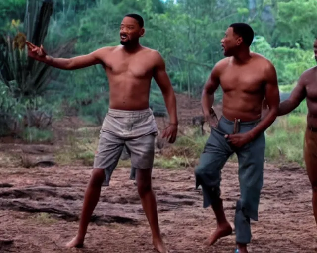 Image similar to will smith fighting with chris rock at muddy pool in trunks 4k