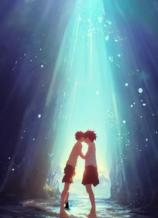 Prompt: boy and girl kiss underwater. illustration concept art anime key visual trending pixiv fanbox by wlop and greg rutkowski and makoto shinkai and studio ghibli