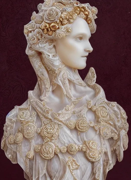 Image similar to romantic marble sculpture of beautiful woman, glistening, mandelbulb, hypercube, ivory carving, fractal paisley inlay, lace, intricate, elegant, highly detailed, gold inlay, metallic, ivory, artgerm, lace, by ruan jia and greg rutkowski