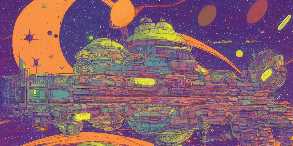 Image similar to colourful illustration of a floating space settlement. thousands of stars in the background. art by moebius. science fiction art. detailed digital painting.