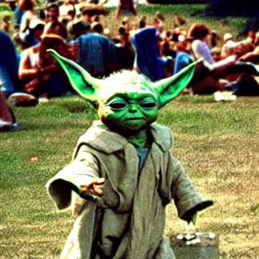 Image similar to baby yoda performing his music at woodstock in the 70s