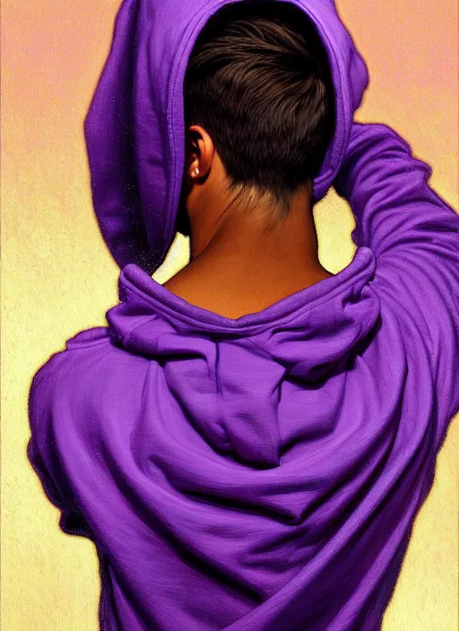 Prompt: young man in a purple hoodie, back view, messy short brown hair, colourful, oil painting, intricate, elegant, highly detailed, lighting, painting, artstation, smooth, illustration, art by greg rutowski and alphonse mucha