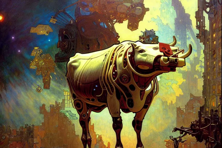 Image similar to cyborg cow, intricate, futuristic, fantasy, elegant, thomas kindkade, moebius, alphonse mucha, loish, norman rockwell,