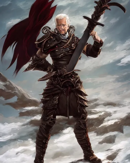 Prompt: A full-body anime portrait of Joe Biden with crazy hair holding a huge sword from Skyrim, by Stanley Artgerm Lau, WLOP, Rossdraws, James Jean, Andrei Riabovitchevy, Marc Simonetti, and Sakimichan, trending on artstation