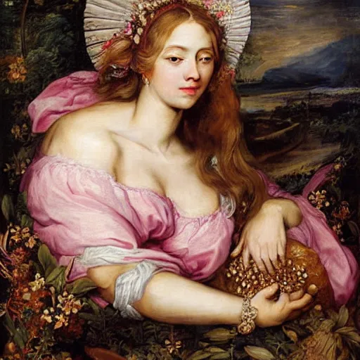 Prompt: an ultradetailed mythological oil painting of a beautiful woman with long brown hair, full body, wearing pink floral gown, lying asleep inside a giant scallop shell, near the seashore, intricate lines, elegant, renaissance style, by peter paul rubens