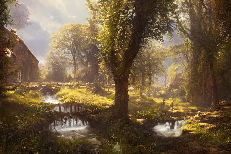 Prompt: a medieval farm with a stream in a forested valley by jessica rossier and brian froud cinematic painting