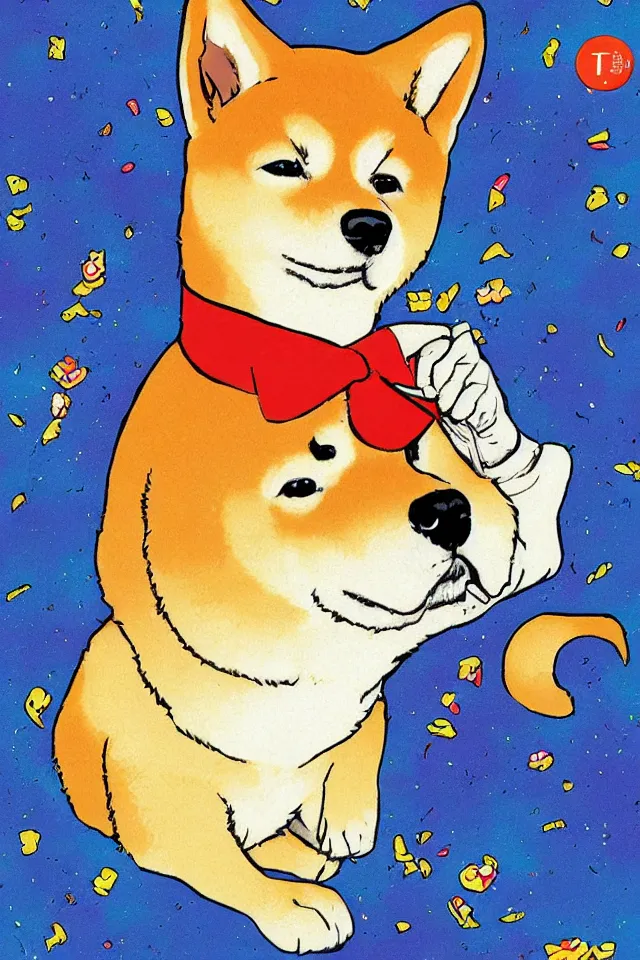 Image similar to a portrait of a shiba inu as a loaf of bread, in the art style of 8 0 s anime, japanese city pop color palette, naoko takeuchi, hajime yatate