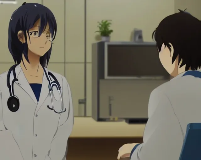 Image similar to a cute young female doctor wearing white coat are talking to a patient in a clinic room, slice of life anime, lighting, anime scenery by Makoto shinkai