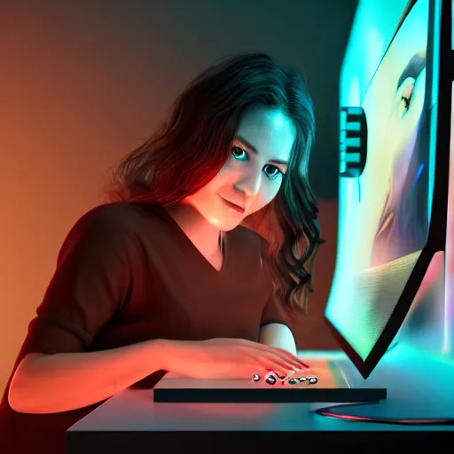 Prompt: gamer girl playing a game on her computer, portrait shot of her face lit up by the monitor, hyperrealistic, 4 k, trending on artstation, octane render, intricate detail, dark atmosphere