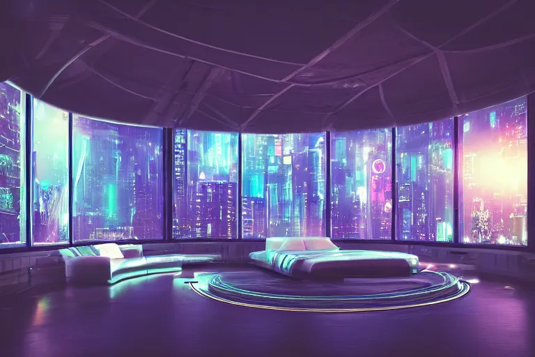 Image similar to a futuristic bedroom with large curved ceiling high windows looking out to a far future cyberpunk cityscape, cyberpunk neon lights, raining, scifi