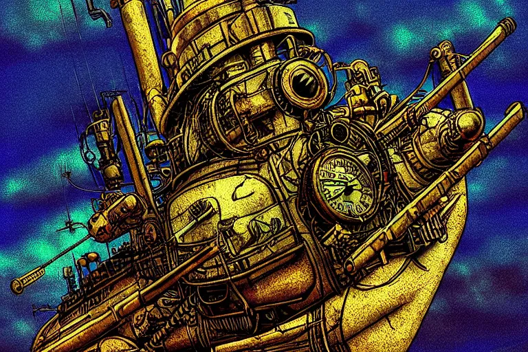 Prompt: steampunk submarine!, in the style of john avon and derek riggs and eva widermann, trending on artstation, halfrear lighting closeup view anaglyph filter, bokeh, anime, colored pencil art, jean henri gaston giraud