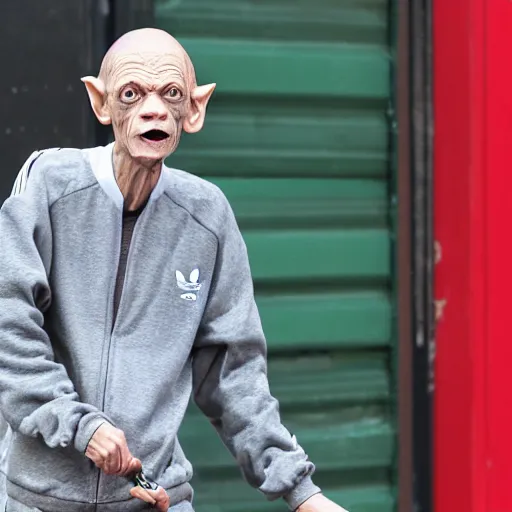 Image similar to gollum smokes cig in adidas tracksuit