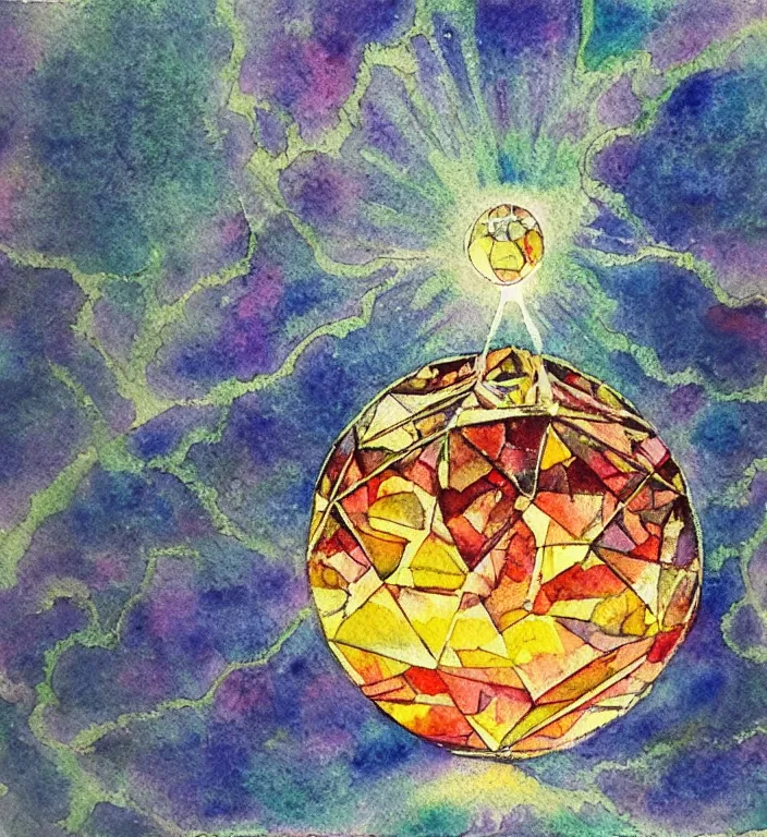 Prompt: a 1988 watercolor and ink illustration of an intricate and faceted crystal ball with a world inside of it + impasto + dissolving in to light + prism + god rays + dramatic lightning + backlit + specular + caustics