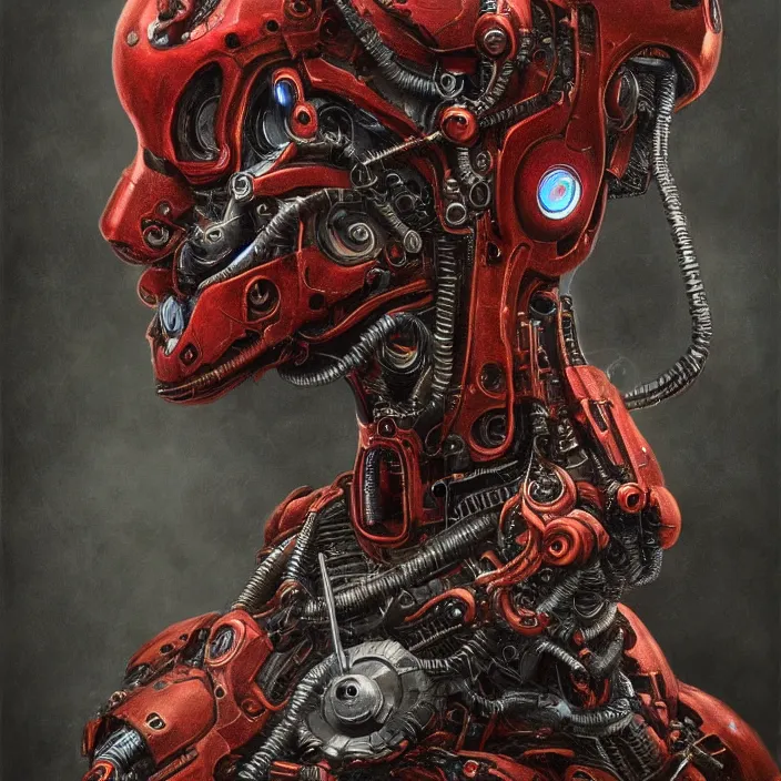 Prompt: in the art style of h. r. giger a portrait of a ruby ultron from age of ultron, clockwork steampunk, head and chest only, by beksinski, 4 k, deviantart, trending on artstation