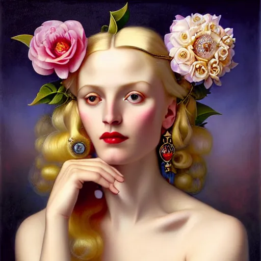 Image similar to centered portrait composition, woman with blonde hair full of spring flowers wearing ornate earrings, ornate gilded details, pastel colors, a surrealist painting by tom bagshaw and jacek yerga and tamara de lempicka and jesse king, wiccan, pre - raphaelite, featured on cgsociety, pop surrealism, surrealist, dramatic lighting