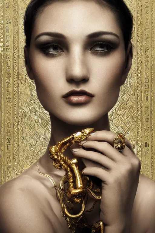 Image similar to An extremely beautiful Art Deco ornate portrait of a young attractive woman with a beautiful bone structure, professionally painted digital art illustration, smooth, sharp focus, atmospheric lighting, highly detailed illustration highlights, golden ratio, extremely detailed winning award masterpiece, 8K post-processing, trending on artstation flawless, prismatic highlights, telephoto, depth of field, cinematic, macro, concept art, wepa digital, elegant, epic, octane render, v-ray, C4D