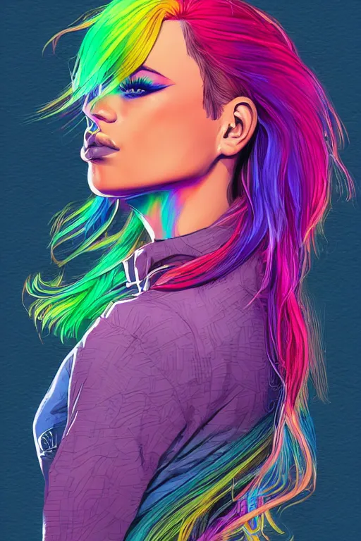 Image similar to a award winning half body portrait of a beautiful woman with stunning eyes in a printed croptop and cargo pants with rainbow colored ombre hairstyle head in motion and hair flying by josan gonzales, outrun, vaporware, shaded flat illustration, digital art, trending on artstation, highly detailed, fine detail, intricate