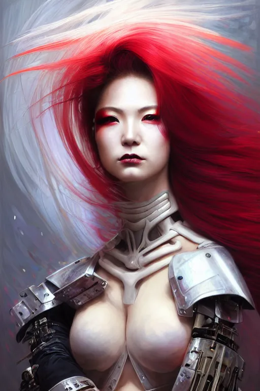 Image similar to > professional dynamtic portrait of female an agile geisha cyberpunk in a dynamic pose , armor elements , long red hair, beautiful bone structure, symmetrical facial features, intricate, elegant, digital painting, concept art, smooth, sharp focus, illustration, by Ruan Jia and Mandy Jurgens , and mucha, and Artgerm and William-Adolphe Bouguerea