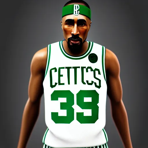 Image similar to portrait of tupac shakur, boston celtics jersey number 3 4, green, white, cartoon digital art, oil on canvas, trending on artstation, octane render