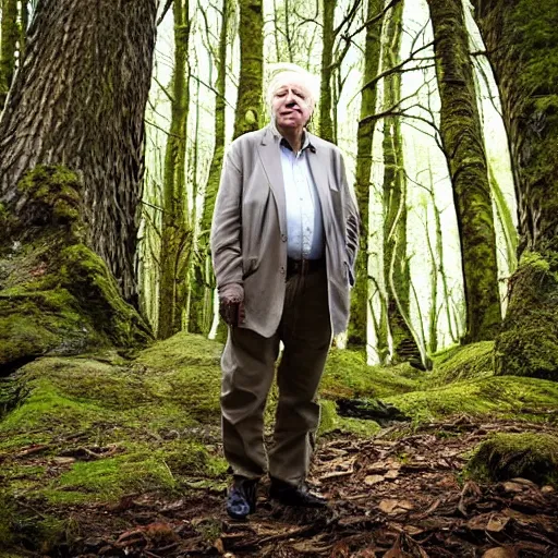 Prompt: Sir David Attenborough in the woods discovering Bigfoot Sasquatch