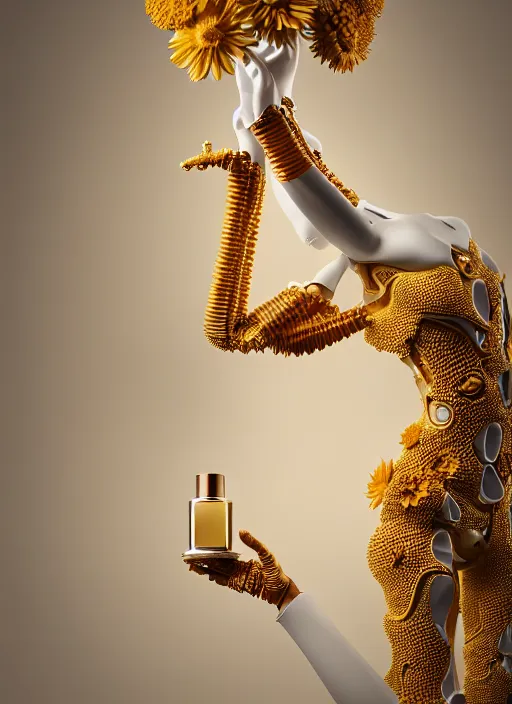 Image similar to mannequin carrying perfume bottle, biomechanical gold corals daisies rhizomorphs in an ivory room well contoured smooth fair walls, up close shot, sharp focus, global illumination, radiant light, alexandre ferra white mecha, irakli nadar, octane highly render, 4 k, ultra hd,