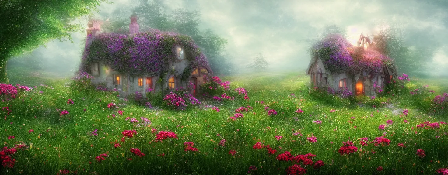 Image similar to fantasy little strawberry like cottage among magical floral meadow partially covered with fog, photo realistic image, super detailed, 4K,cinematic look