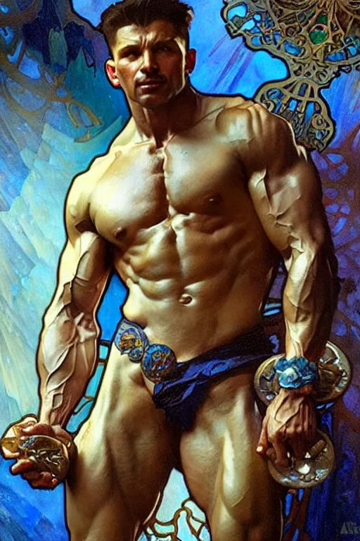 Image similar to a muscular man holding blue diamonds, fantasy, painting by greg rutkowski and alphonse mucha