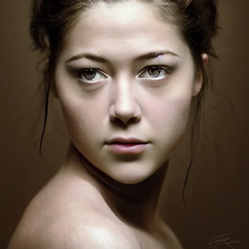 Prompt: a masterpiece portrait photo of a beautiful young woman who looks like a orc mary elizabeth winstead, symmetrical face