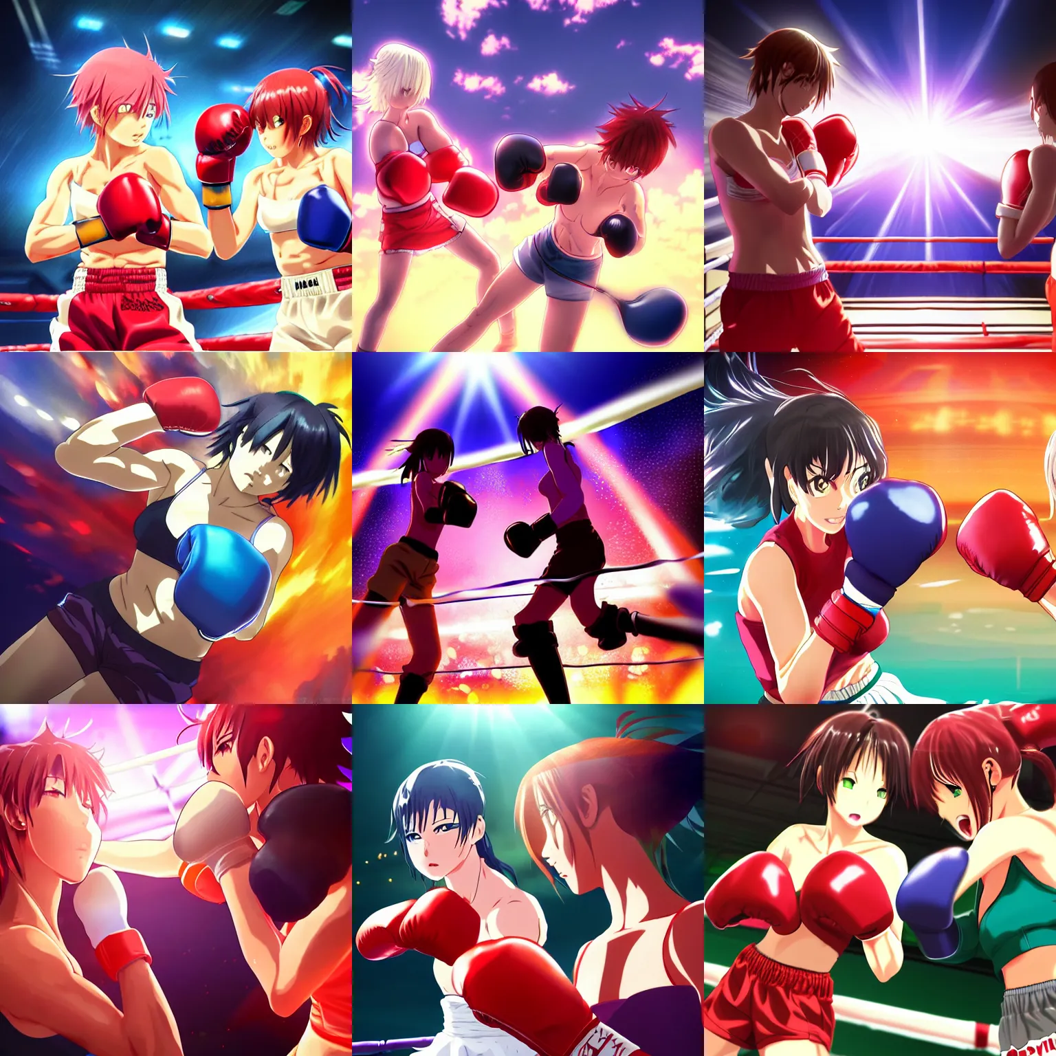 Prompt: anime style, vivid, expressive, full body, 4 k, two women boxing, epic, stunning, realistic light and shadow effects, centered, simple background, studio ghibly makoto shinkai yuji yamaguchi