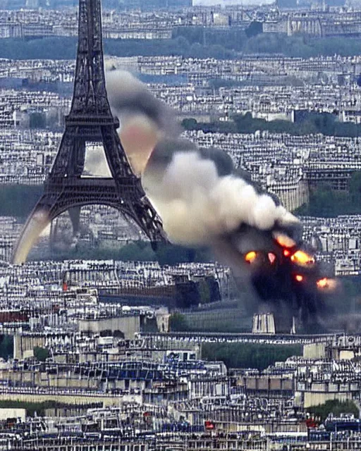 Prompt: tv report on two planes crash on the eiffel tower in paris. the planes are exploding on the eiffel tower with plenty of smokes