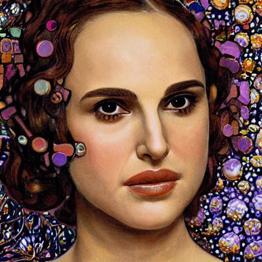 Image similar to a closeup portrait of a young natalie portman, art nouveau, jugendstil, decorative background, spirals, painted by klimt