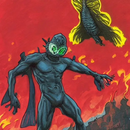 Image similar to ripped physique telekinesis man disguised as a mothman whilst wearing a fireman costume transmetropolitan jen bartel winslow homer darick robertson staedtler