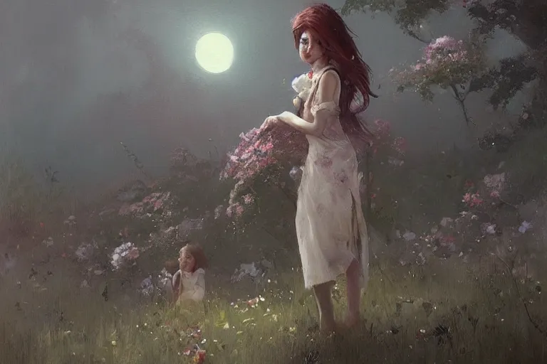 Image similar to a beautiful painting of garden, moon, girl, by greg rutkowski, trending on artstation