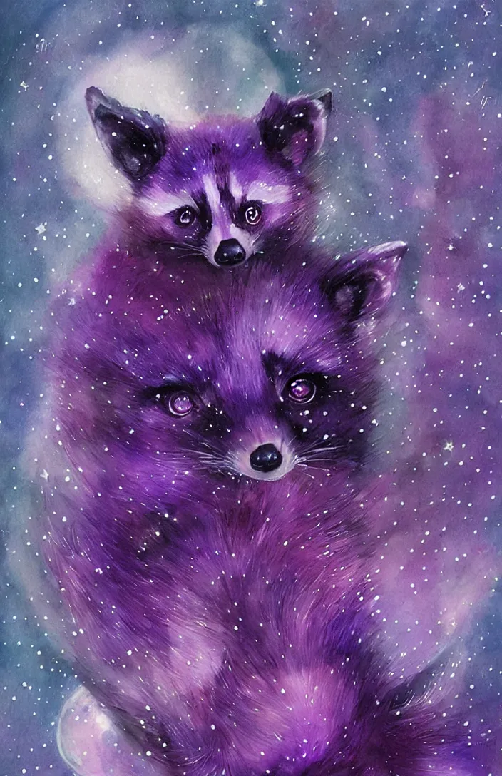 Image similar to purple raccoon in the stars in the style of Anna Dittman