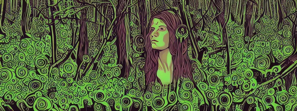 Image similar to a grunge technogaianist long-haired blonde digital musician playing modular synthesizer in the forest, technology and nature swirling in harmony, plugging vines into the synthesizer, trees swaying to the beat, postmodern surrealist concert poster, grainy poster art, hand drawn matte painting by Tara McPherson and Gary Houston, smooth, sharp focus, extremely detailed, 85mm.