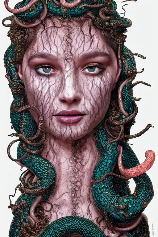 Prompt: highly detailed, digital painting of the beautiful Medusa, with symmetrical facial features, and her many snakes as hair,,vibrant dark mood, full view, Kodakchrome, vivid, Hyperdetailed, 4k hd matte digital painting, 8k resolution, enchanting and otherworldly, Hyperdetailed, Gsociety, trending on ArtstationHQ, dreamscape.